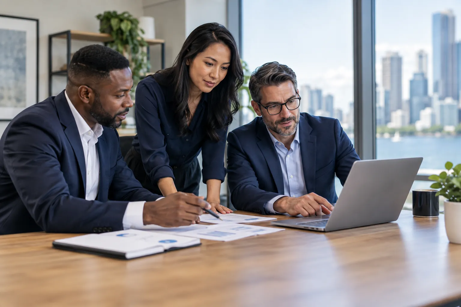 Consultants collaborating over a laptop and workflow documents